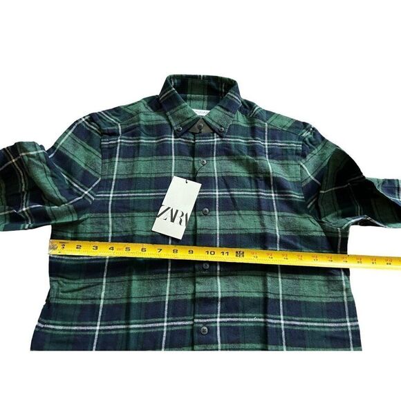 Zara Men Shirt S Green Cotton Plaid Flannel Long Sleeve Button Down 5679/400 NWT - Picture 10 of 13